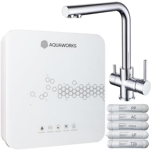 AquaWorks Untertisch-Wasserfiltersystem, 3-Wege-Wasserhahn, 5-stufig, 0,01 Mikron, pH-erhöhender Trinkwasserfilter (7,5-8), entfernt Verunreinigungen, Chlor und Bakterien, Ultrafiltrationssystem