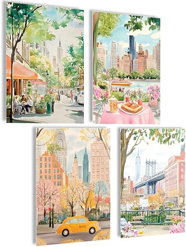 Mojoliving New York Wandbild - Schwarz-Weiß Poster Skyline und Taxi - Posterset 4x A4 (21x30cm) | Ohne Rahmen