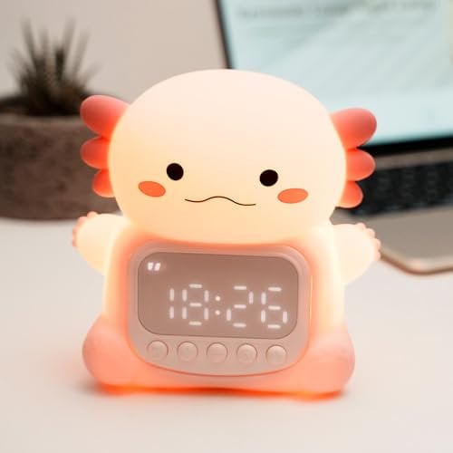 IHALO Cute Axolotl Wecker Kinder mit Nachtlicht, Kinderwecker Mädchen Nachttisch, Silikon Nachtlicht für Kinder, Wiederaufladbar, Zwei Wecker, Datum, Uhrzeit, Dekoration für Babyzimmer