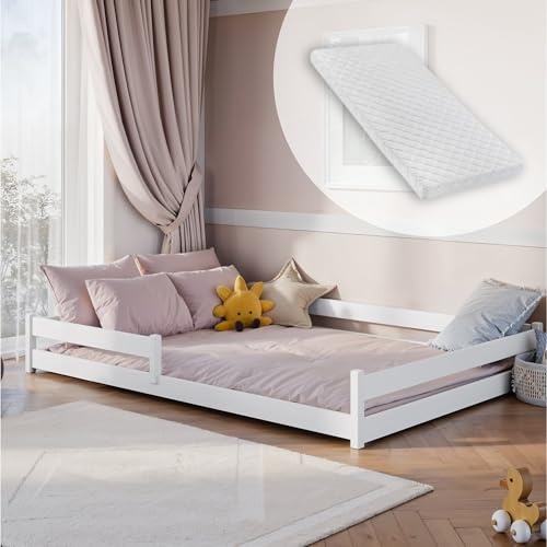 Kids Collective Kinderbett Bodenbett 140x200 cm mit Rausfallschutz & Lattenrost Montessori Bett Bed Gitterbett Kinder Jugendbett Einzelbe inklusive Matratze | weiß