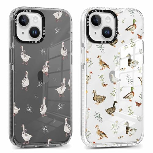 Phoona 2 Stück Handyhülle für iPhone 14/13 Hülle 6,1'', Aesthetic Ente Muster Design Weiche TPU Ultra Dünn Transparent Schwarz Silikon Schutzhülle Kratzfeste Stoßfest Bumper Case für Mädchen