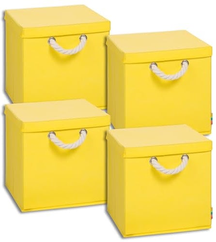 Storanda | 4er Set Aufbewahrungsbox mit Deckel | Kordel Griffband | Stabile & Faltbare Boxen | Regalboxen für Würfelregal Kallax | Ideal für Zuhause & Kinderzimmer | 31x31x30 cm | Gelb
