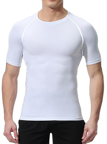 NuCamper Short Sleeve Compression Shirts Tops for Men, Short Sleeve Running T-Shirts Quick Dry Base Layer Top for Gym Sports Fitness Workout Cycling Training (UK, Alpha, M, Regular, Regular, White)