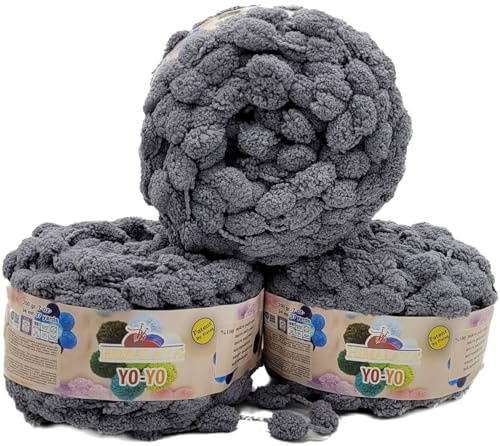 3 x 200g Ilkadim Export Pompon Garn Yo-Yo einfarbig, 600 Gramm Pompom – Wolle (dunkelgrau 82125)