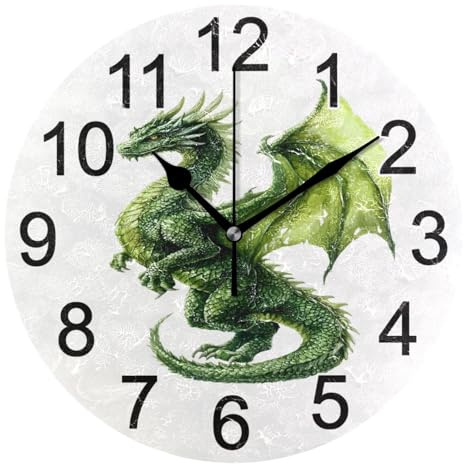 Mnsruu Wanduhr mit grünem Drachen, geräuschlos, batteriebetrieben, rund, dekorativ, für Wohnzimmer, Schlafzimmer, Badezimmer, Heimbüro