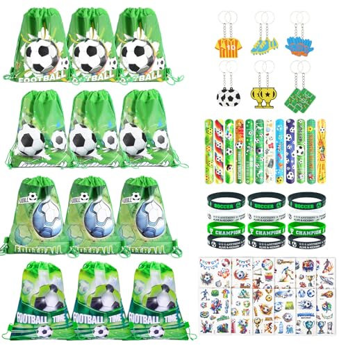 Okabay 60 Pcs Football Party Bags Fillers Set - Football Party Drawstring Backpacks, Bracelets, Keychains, Kids Birthday Party Favours, Soccer Party Favors Bulk, Football Themed Gift for Boys Girls