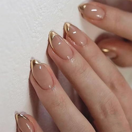 SXVME Chrome Gold French Tip False Nails Short Almond, Natural Nude Press on Nails with French Tips Glitter Designs, Glossy Gel Finish Acrylic Nails Press Ons Stick on Nail for Women Daily Wear 24 Pcs