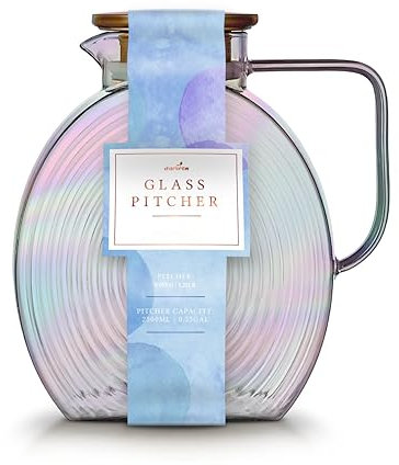 Charbrew 2.5L Borosilicate Iridescent Glass Pitcher with Lid - Ribbed Jug for Water, Juice, Iced Tea, Cold Brew & Cocktails - Fridge Door Friendly Carafe with Handle (Serves 10 Cups)