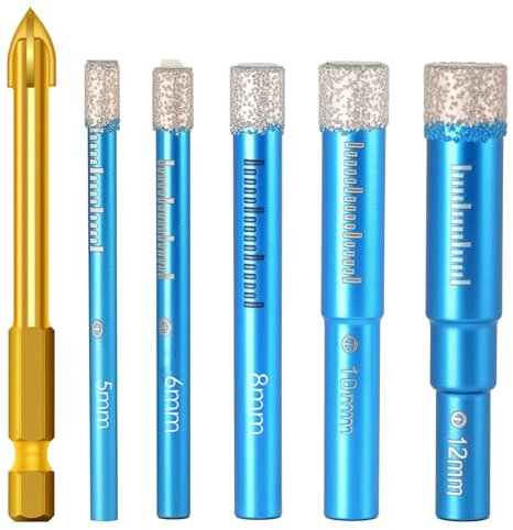 6 PCs Dry Diamond Drill Bits Set - Professional Porcelain Glass Drill Bit - for Granite, Marble, Tile, Granite, Ceramic, Marble Tile Stone, Glass & Hard Materials, Round Shank (5, 6, 8, 10, 12 mm)