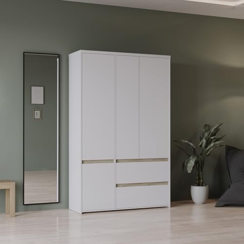Demeyere Garde Robe 4 Portes avec 4 Étagères, ½ Lingère Et 2 Tiroirs en Bois Moderne – Coloris Blanc Mat & Chêne Kronberg – Chambre pour Adulte Clyde – 50 x 138,2 x 220,5 cm