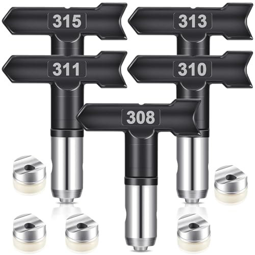 Moxweyeni 5 Pcs Reversible Airless Spray Tips Set (308 310 311 313 315), Tungsten Carbide Paint Sprayer Nozzles for Airless Sprayer, Spray Range 4-14 for Wall Fence Deck Cabinet