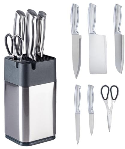 Heimwerk Germany Messerset mit Messerblock – 7-teiliges Küchenmesser-Set aus rostfreiem Stahl, inklusive Kochmesser, Schneidemesser, Gemüsemesser, Universalmesser und Schere (7 Stück) – mit Schärfer
