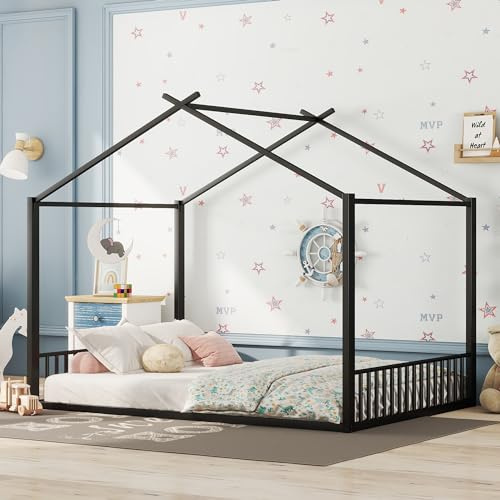 TOBIDOEN Kinderbett 140x200 cm, Hausbett Bodenbett Bettgestell aus Eisen, Einfaches und modisches Hausleiste Kinder Bett, Einfache Montage, Schwarz für 1/2 Jungen und Mädchen