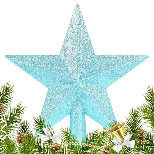 VEYLIN Christmas Tree Topper, Light Blue Glitter Christmas Trees Star Topper Top Star for Xmas Tree Decoration