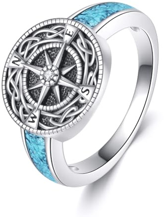 URONE Kompass Ring 925 Sterling Silber Kompass Siegel Ring mit Keltischem Knoten und Türkis Abschluss Schmuck Geschenke für Frauen und Männer #10