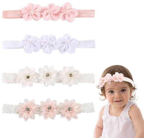 TRKETK 4 Pcs Baby Flower Headbands Nylon Lace Petals Hairband Cute Lace Pearl Ribbon Flower Headbands for Children Girls Hair Accessories Hairband Gifts Photography (2 Colors)