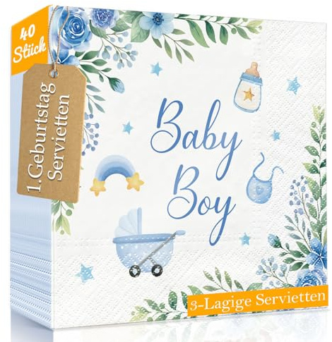 WenmthG 40 Stück Servietten Babyparty mit Spruch 'Baby Boy' für Baby Shower, 1. Geburtstag - Servietten 1. Geburtstag, Babyshowerparty Deko Junge - its a boy Deko