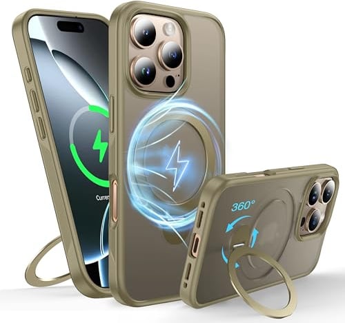 FNDMIL 360° Rotatable Magnetic Ring for iPhone 16 Pro Case with MagSafe | [Non-Slip Edge][Built-in Kickstand][Military Shockproof] Translucent Matte Soft Silicone Bumper 6.3”,Desert Titanium