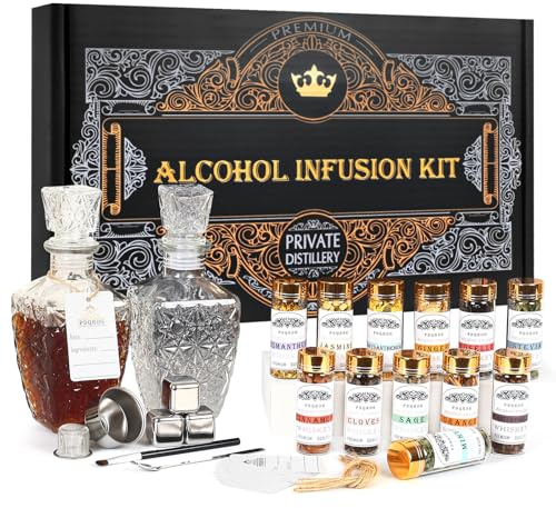 PDQROG Kit d'infusion d'alcool pour infuser du whisky, du gin, de la vodka, de la tequila, du rhum – DIY vos propres spiritueux aromatisés avec des ingrédients naturels – Cadeau d'anniversaire pour