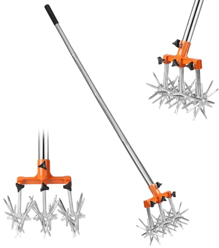 DBREAKS Cultivador Giratorio con Mango Ajustable de Acero Inoxidable, Giroscopio retráctil de Mango Largo con Dientes extraíbles para aflojar y Mezclar Tierra