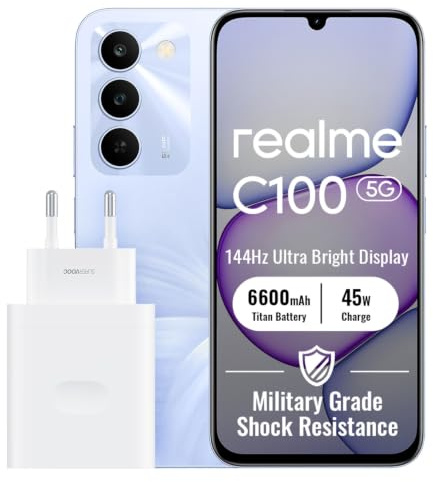 realme C100 5G Smartphone 4+128Go, Purple | Batterie 6600mAh, Charge Ultra Rapide 45W, Écran LCD 6,8 pouces, 144Hz, Appareil photo IA 50MP, MediaTek Dimensity 6300, IP64
