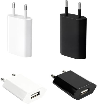 Pack De 4 Adaptadores De Corriente USB — Enchufes 5V 1A para Carga, Adaptador De Toma para iPhone, Samsung, Móviles, E-Readers, Ventilador USB, Smartwatch Y Más (2 Negros + 2 Blancos)