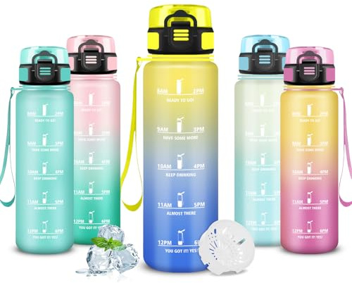 Mujigaga Trinkflasche Kinder- 0.5l- Wasserflasche, Trinkflasche mit Zeitmarkierung, Auslaufsicher, Wasserflasche mit Filter, Leicht zu Reinigen, Water Bottle für Schule, Picknick, Büro, Running