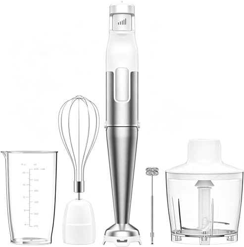 Stabmixer Set 5 in 1, 1100W Pürierstab Elektrisch, Edelstahl Hand Blender | Stufenlose Geschwindigkeit, Set inkl. Zerkleinerer, Schneebesen, Milchaufschäumer & Messbecher, Ideal für Suppen, Smoothies