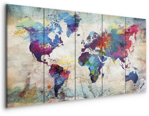 B&D XXL - Wandbilder XXL Weltkarte 200x80cm Vlies Leinwandbild 5 Teilig Kunstdruck Wandbilder Wanddekoration Design Wand Bild Wohnzimmer Leinwand - Abstrakt bunt Landkarte Reise k-A-0179-b-n
