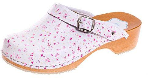 FUTURO FASHION® - Sabots Unisexe - Cuir véritable/Semelle en Bois - Plusieurs Couleurs Disponibles - Tailles 36 à 42 - Blanc/Fleurs Roses - 37 EU