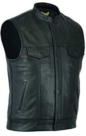 Leatherick Herren Anarchy Club-Stil Premium Rindsleder Motorrad Leder Weste Schwarz - S