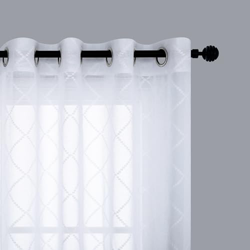 KOUFALL Transparente Vorhänge für Wohnzimmer, mit Ösen, Spitze mit Jacquardstickerei, vom Boden bis zur Decke fürs Schlafzimmer, Weiß, 244 cm lang, 2er-Set