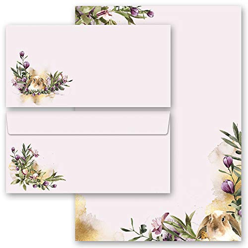 Briefpapier Set, 40 tlg. Osterpapier, BLUMENNEST 20 Blatt Briefpapier + 20 passende Briefumschläge DIN LANG ohne Fenster