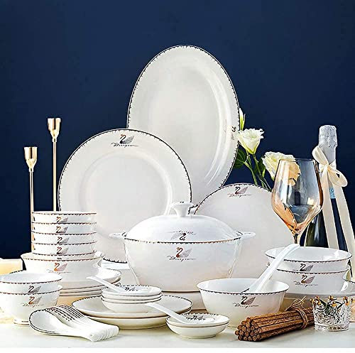 60-Pieces Luxury Dinnerware Sets - Phnom Penh Dinner Plates and Bowls Sets, Ceramic Dishes Set Service for 12, Swan Queen Pattern Porcelain, Configuration Gift Box Packaging