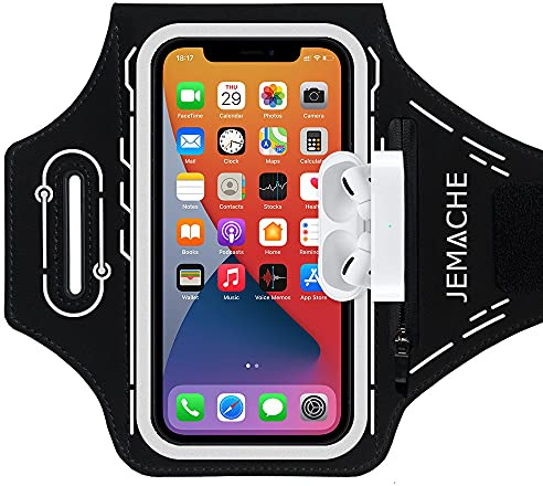 JEMACHE Running Cell Phone Armband for iPhone 16 Pro Max, 15/14/13/12/11 Pro Max, 16/15/14 Plus, Gym Workouts Arm Band with Airpods Holder (Black)