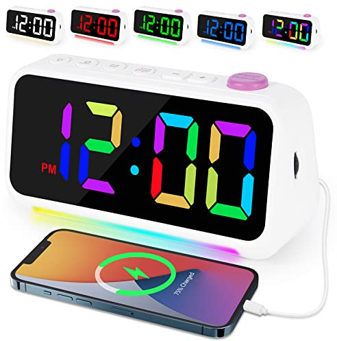 Wecker Digital mit 7 Farben Nachtlicht, Dynamische RGB-Farbwechseluhr für Kinder Erwachsene, 6 Wecker Kinder mit Licht/LED-Display mit Mehreren Schriftarten/dimmbar/5 Lautstärken/USB-Ladeanschlüsse