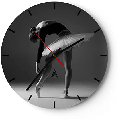 Modern Wanduhr Ballerina Figur Schwarz und Weiß 40x40cm Rund Groß Wand Uhr Glas Analog Zimmeruhren Küche Büro Wohnzimmer Glasuhr Wall Clock Dekoration Design Wanddekoration Küchenuhr C3AR40x40-4400