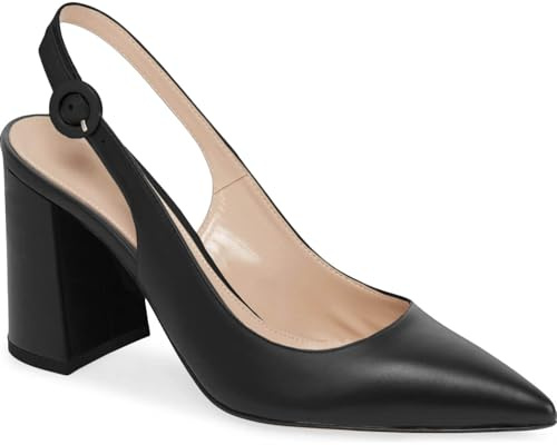 Junayuan Women's Pointed Toe Block Heel Pumps Slingback Chunky Heel Slip On Evening Party Dress Shoes Black