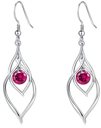 July Birthstone Dangle Drop Earrings - Qings 925 Sterling Silver Ruby Earrings Linear Swirl French Wire Gem Piercing Shining Red CZ Earring, Pretty Jewelry Birthday Gift for Women Girls Teens