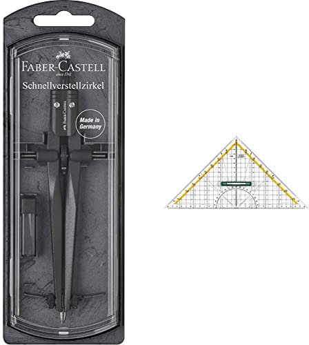 Faber-Castell 174530 - Schnellverstellzirkel Stream, Blackstone, 1 Stück & Linex Geodreieck aus Kunststoff, mit Griff, 30 cm, bruchsicher und transparent