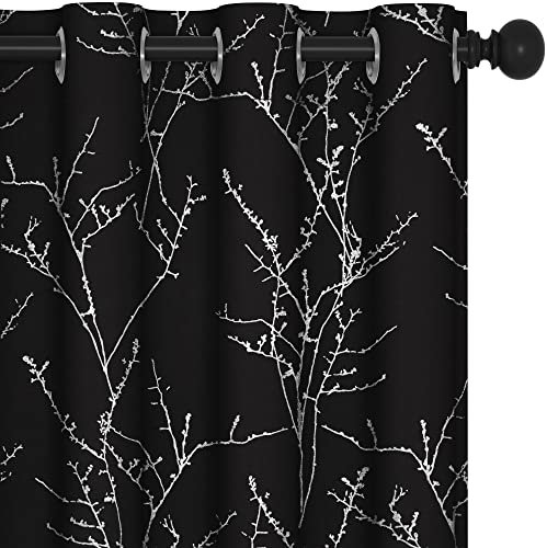 Deconovo Gardinen Ösen Vorhänge Blickdicht Vorhänge Kinderzimmer Vorhänge fürs Kinderzimmer Lärmschutzvorhang mit Baumzweig-Muster, 260x140 cm(HöhexBreite), Schwarz, 2er Set