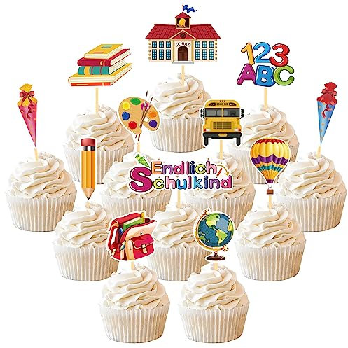 24 Stück Schulanfang Tortendeko, Schuleinführung deko Cupcake Topper, Endlich Schulkind Tortendeko Einschulung, Einschulung deko mädchen für Schulkind 2023 deko Schulanfang Party Dekoration (Schule)