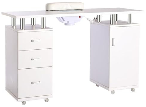 BTGGG Professional Manicure Nail Table Salon Nail Desk with Built-in Nail Dust Collector & Nail Arm Rest Manicure Desk on Wheels (White)
