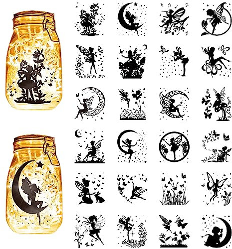 CREATCABIN 24 Stück Feen-Silhouetten,Einmachglas,Laterne,Laserausschnitte,Kunststoff,Sammelalbum,Verzierung Für Glas,Autos,Dekor,DIY,Handwerk,Geschenke,Schwarz,10x9cm