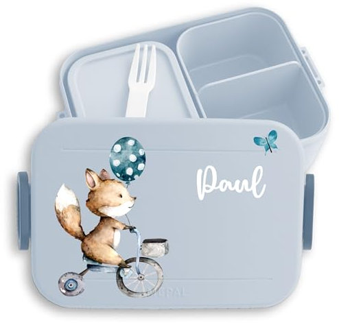 Kinder Bento Box Midi Lunchbox für Mepal Bentobox - Süßer Fuchs Füchse Waldtier Schlaufuchs Fox - 900 ml - Hellblau - brotbüchse krippe brotdose fuchsmotiv lunch waldtiere personalisierte name