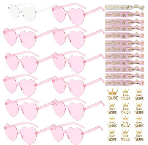 YeahBoom 36 Stück JGA Brille Team Braut Armbänder,Bride to Be Herz Brille Set,12Herz Sonnenbrille+12Bride Tattoo Aufkleber+12Bride Armband,Jungesellinnenabschied Frau Accessoires,JGA Deko Accessoires