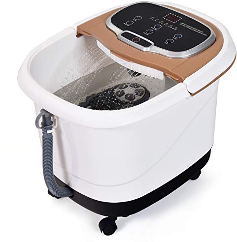 GOPLUS Bain de Pied Massant Chauffant avec Lumière Rouge et Fonction de Douche, Vibrant avec Bulles, Bain de Pieds Électrique avec Température et Temps Ajustable, 6 Rouleaux de Massage, 4 Roues (Brun)