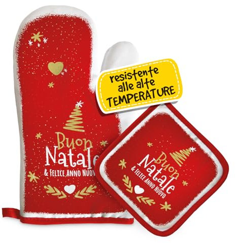 Set Guanto Forno e Presina Natalizia, Idee Regalo Natale Donna, Mamma e Nonna, Utili ed Originali per la Casa e Cucina, Personalizzati Con Illustrazione Originale Buon Natale e Felice Anno Nuovo!