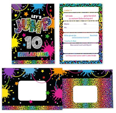 Minkocards 12 Einladungskarten incl. 12 Umschläge zum 10. Kindergeburtstag Mädchen Jump Trampolin Einladungen zehnte Mädchengeburtstag Geburtstagseinladungen