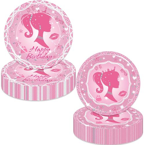LetDec Pink Girl Happy Birthday Party Decorations Pink Princess Disposable Paper Plates Dinnerware for Girls Birthday Baby Shower Party Supplies Decorations